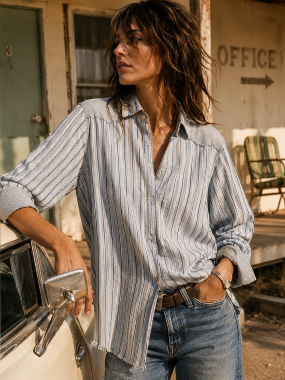 Rare Vintage Large Frayed Stripe Button Down Shirt Americana Grunge Unisex
